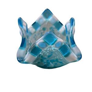 Blue White Fused Art Glass Handkerchief Votive Candle Holder Tea Light
